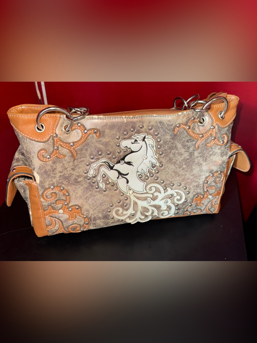Concealed Carry White & Tan Embroidered Horse Shoulder Bag with Stud Accents